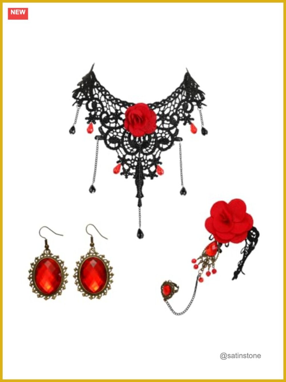 Gothic Lace Choker Earrings Bracelet Set Adjustable Punk Costume Jewelry